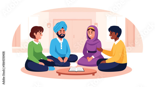 Flat vector illustration of diverse people seated in circle discussing peacefully in community space, representing dialogue, tolerance, and interfaith understanding in inclusive society