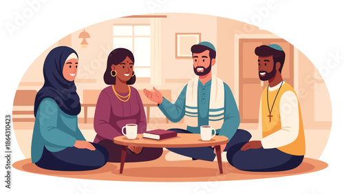 Flat vector illustration of diverse people seated in circle discussing peacefully in community space, representing dialogue, tolerance, and interfaith understanding in inclusive society