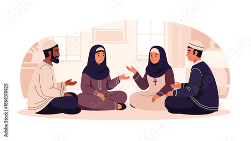 Flat vector illustration of diverse people seated in circle discussing peacefully in community space, representing dialogue, tolerance, and interfaith understanding in inclusive society