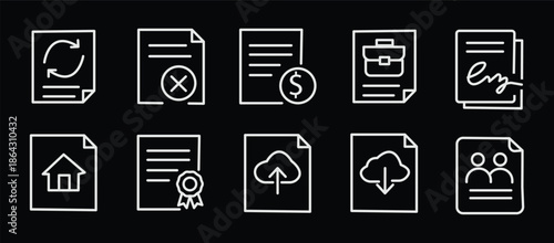 Business contract and legal agreement document line icons. Set includes NDA, digital signature, compliance, license, insurance, payment terms and upload-download paper vector illustration.