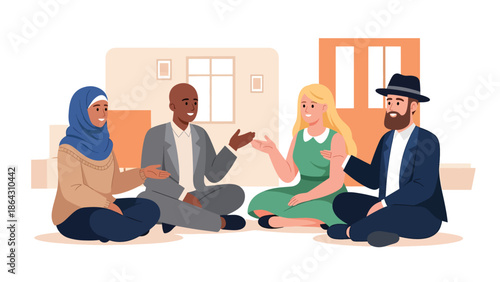 Flat vector illustration of diverse people seated in circle discussing peacefully in community space, representing dialogue, tolerance, and interfaith understanding in inclusive society