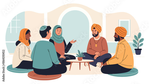 Flat vector illustration of diverse people seated in circle discussing peacefully in community space, representing dialogue, tolerance, and interfaith understanding in inclusive society
