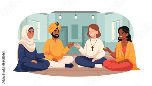 Flat vector illustration of diverse people seated in circle discussing peacefully in community space, representing dialogue, tolerance, and interfaith understanding in inclusive society