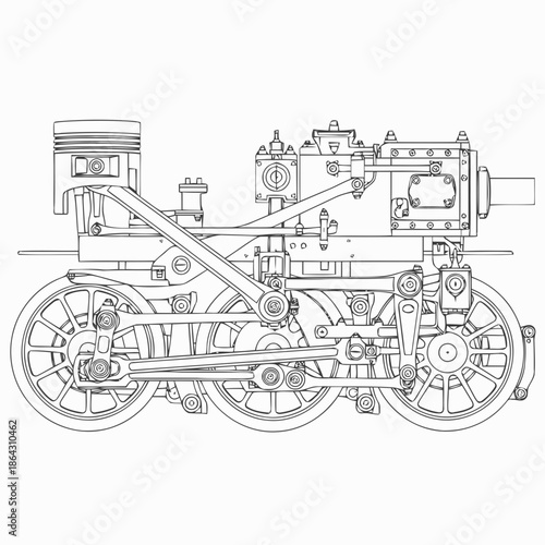 Detailed Vector Line Art Illustration of a Vintage Steam Locomotive Engine Mechanism Blueprint