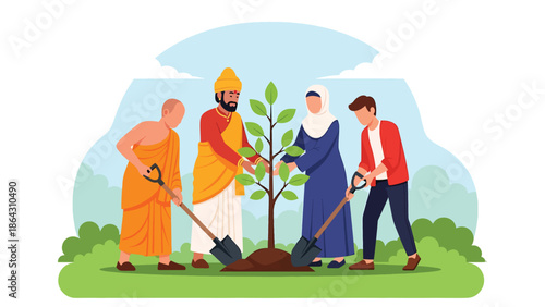 Flat vector illustration of diverse people planting tree together in park, symbolizing peace, cooperation, sustainability, and religious diversity working toward shared future