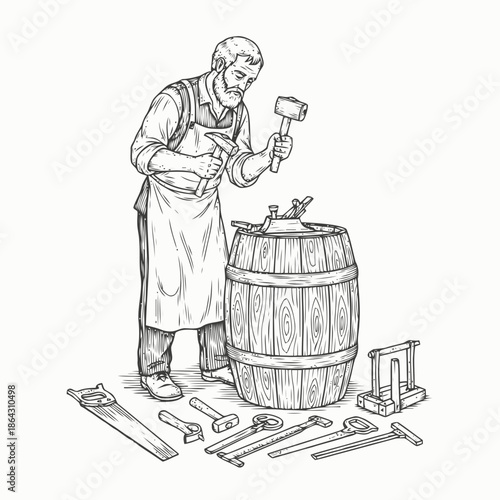 Craftsman Working on a Wooden Barrel with Tools