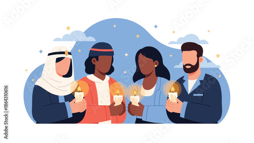 Flat vector illustration of diverse people holding candles together during peaceful vigil, symbolizing solidarity, remembrance, peace, and religious diversity