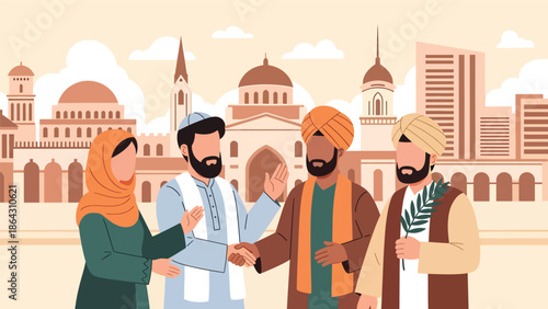 Flat vector illustration of diverse people celebrating peace together in open plaza, symbolizing harmony, tolerance, and religious diversity in shared public spaces