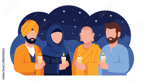 Flat vector illustration of diverse people holding candles together during peaceful vigil, symbolizing solidarity, remembrance, peace, and religious diversity