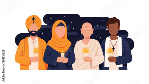 Flat vector illustration of diverse people holding candles together during peaceful vigil, symbolizing solidarity, remembrance, peace, and religious diversity