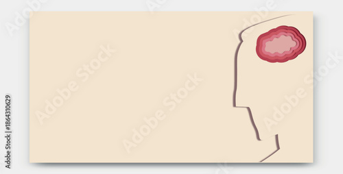 Mental health banner with human head and abstract brain representing emotions, stress, anxiety and mental wellbeing. Minimal illustration with copy space for presentations, therapy websites and educat