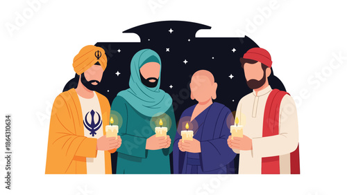 Flat vector illustration of diverse people holding candles together during peaceful vigil, symbolizing solidarity, remembrance, peace, and religious diversity