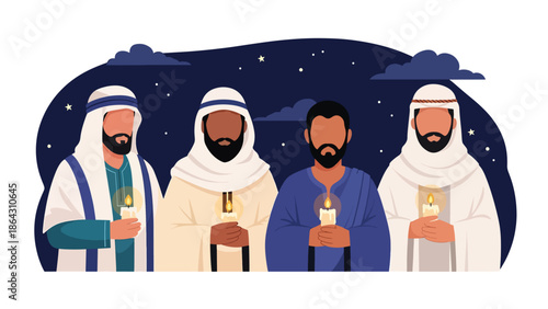 Flat vector illustration of diverse people holding candles together during peaceful vigil, symbolizing solidarity, remembrance, peace, and religious diversity