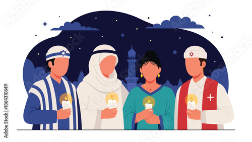 Flat vector illustration of diverse people holding candles together during peaceful vigil, symbolizing solidarity, remembrance, peace, and religious diversity