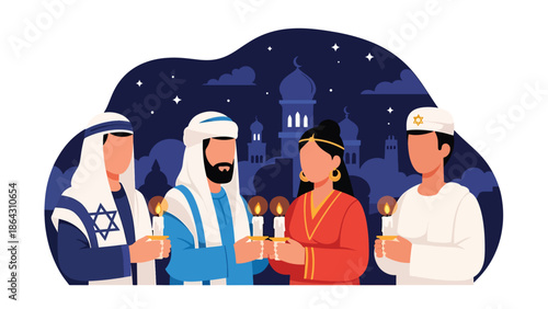 Flat vector illustration of diverse people holding candles together during peaceful vigil, symbolizing solidarity, remembrance, peace, and religious diversity