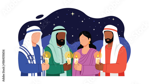 Flat vector illustration of diverse people holding candles together during peaceful vigil, symbolizing solidarity, remembrance, peace, and religious diversity