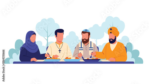 Flat vector illustration of diverse people sharing meal outdoors, representing peace, friendship, religious diversity, and unity through everyday human connection