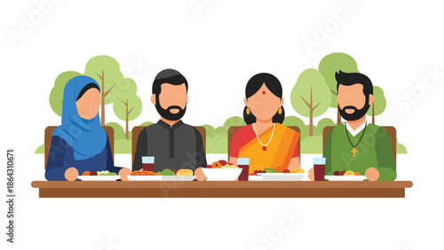 Flat vector illustration of diverse people sharing meal outdoors, representing peace, friendship, religious diversity, and unity through everyday human connection