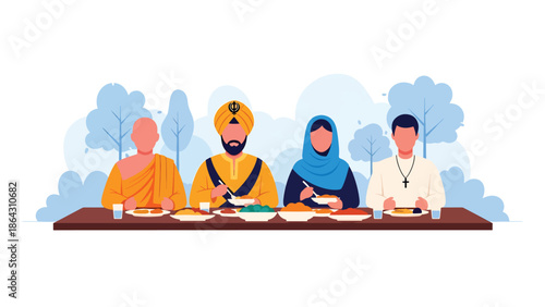 Flat vector illustration of diverse people sharing meal outdoors, representing peace, friendship, religious diversity, and unity through everyday human connection