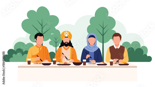Flat vector illustration of diverse people sharing meal outdoors, representing peace, friendship, religious diversity, and unity through everyday human connection