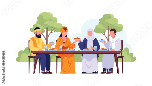 Flat vector illustration of diverse people sharing meal outdoors, representing peace, friendship, religious diversity, and unity through everyday human connection