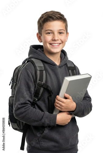 A boy stands with a book in his hands and a backpack on his back, smiling bright.