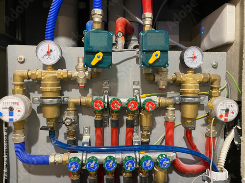 Water meters and control devices in a residential apartment. Hot and cold water meters. Water leak prevention system.