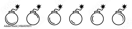 Bomb with Burning Fuse Line Icon Set