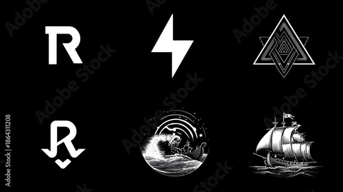 Abstract, geometric, and vintage style graphic elements set on black. Includes stylized 'R' letters, lightning bolt, triangle, stormy sea, and sailing ship.