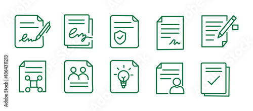 Business contract and legal agreement document line icons. Set includes NDA, digital signature, compliance, license, insurance, payment terms and upload-download paper vector illustration.