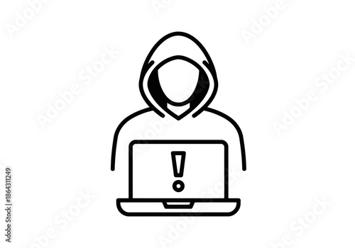  A black outline hacker icon with laptop showing an exclamation mark cybersecurity threat online fraud digital crime anonymous person in hoodie