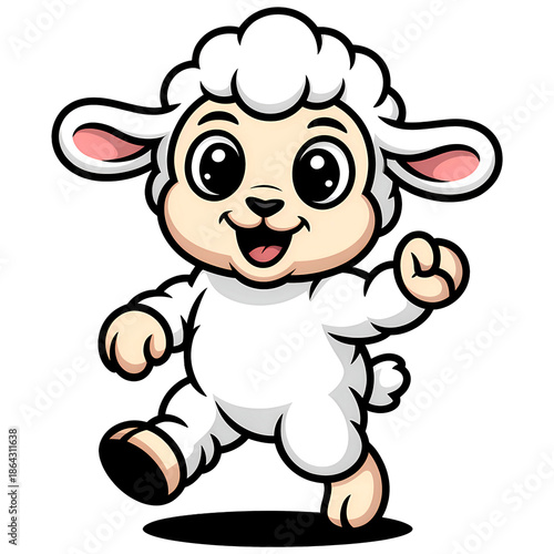 Cute cartoon baby lamb character happily jumping isolated on a plain transparent background for commercial use.