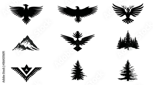 Nature & Wildlife Vector Silhouettes: Majestic Eagle, Mountain Peaks, & Pine Trees - Outdoor Emblems & Icons Collection