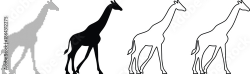 Graphic representations of giraffes in silhouette and outline forms