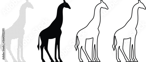 Four stylized giraffes in varying shades of gray and black, showcasing silhouette and outline
