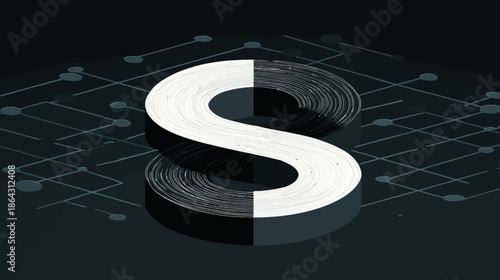 Modern 3D letter S with split white and black halves on a dark digital network background. Abstract tech symbol for data.