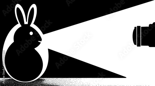 Stylized black rabbit in a bright spotlight from a camera lens, a conceptual black and white graphic illustration of exposure and attention.
