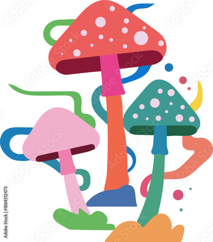 Vector illustration of a red amanita fly agaric fungus growing in the autumn forest grass designed in a cute cartoon style for nature and garden decoration