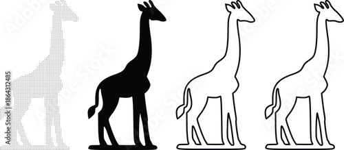 Four stylized giraffes in black, white, and outline forms on a white background