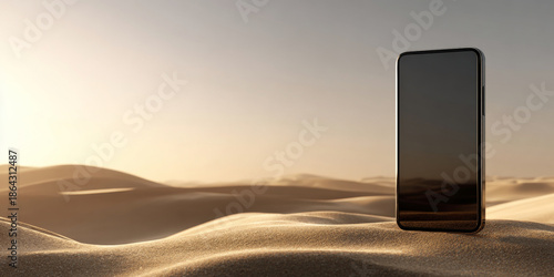 A sleek, modern smartphone sits atop a desert sand dune at sunset