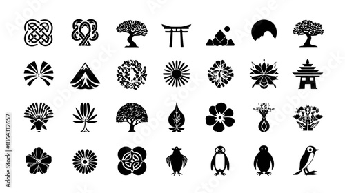 Diverse vector collection of black silhouette icons featuring nature, cultural symbols, geometric patterns, and animals for graphic design.