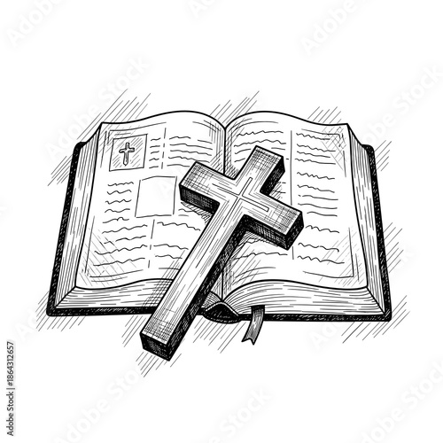 Bible with wooden cross in hand drawn style for Theophany and Christian religious visuals