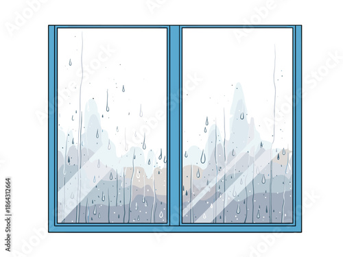 Rainy window icon with blue frame and raindrops for Blue Monday themes and seasonal sadness concepts