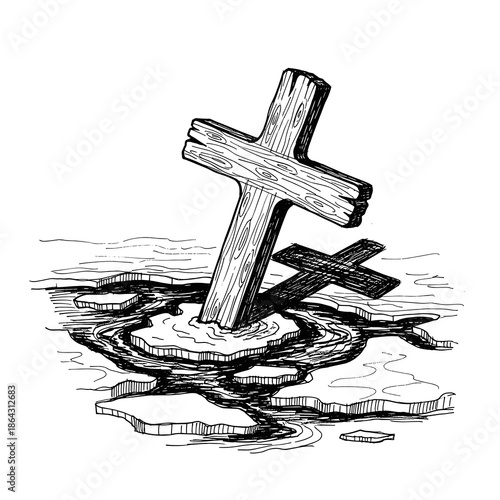 Wooden Orthodox cross in frozen water in hand drawn style for Theophany baptism visuals