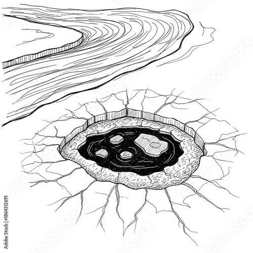 Ice hole for baptism near river in line art style for Theophany Orthodox celebration visuals