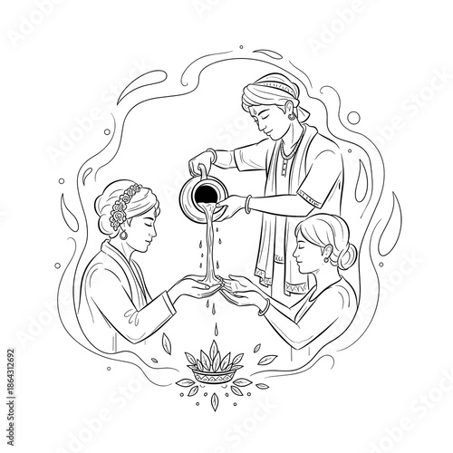 Group ritual hand washing in line art style for Theophany and symbolic purification visuals