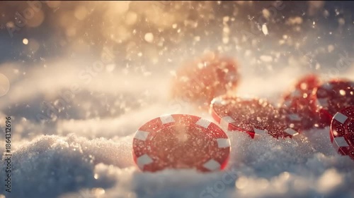 Red Casino Chips in Fluffy White Snow with Golden Bokeh Falling Snowflakes Christmas Winter Gambling Concept