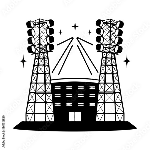 Black Silhouette Soccer Stadium with Dramatic Floodlights Vector Illustration.