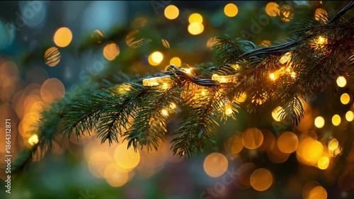Atmospheric Close Up of Pine Branches with Sparkling Golden Fairy Lights and Dreamy Winter Bokeh.	
