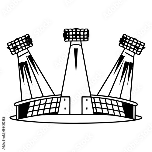 Black and White Vector Illustration of Soccer Stadium Floodlights and Scoreboard.
